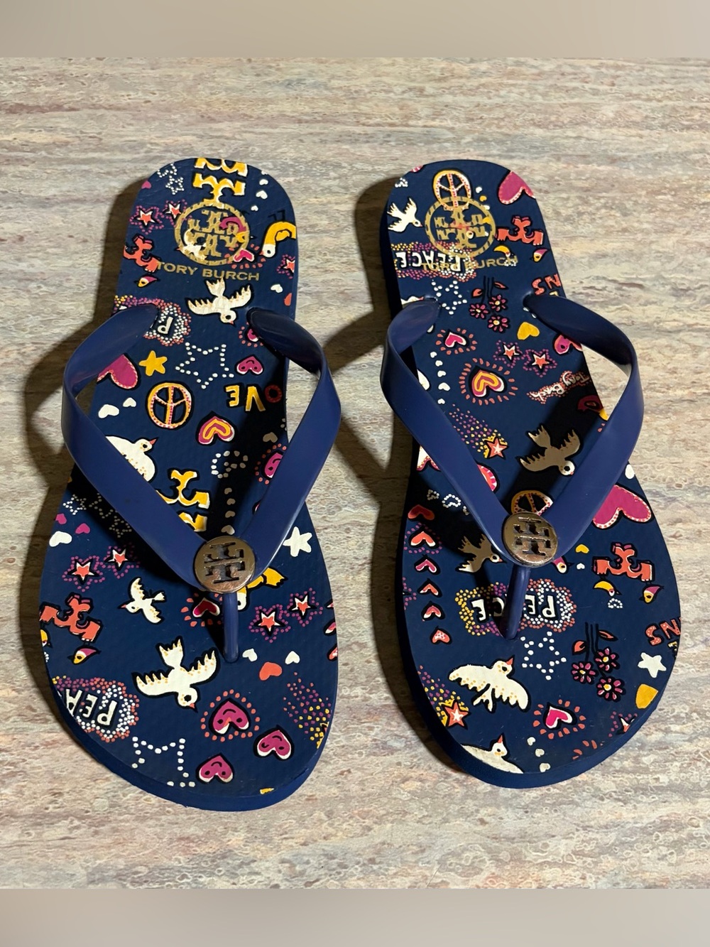 Tory Burch Navy Flip Flops with Multicolor Heart & Dove Print